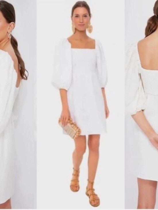 Tuckernuck 100% Linen Annie Smocked Dress Large Cream Puff Sleeve Mini Bridal - Picture 7 of 12